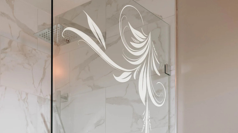 Floral shower door decal on glass shower door