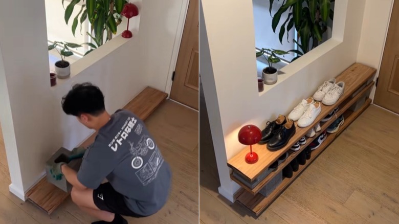 Person stacking the bricks and wood on the left and the finished shoe shelf on the right