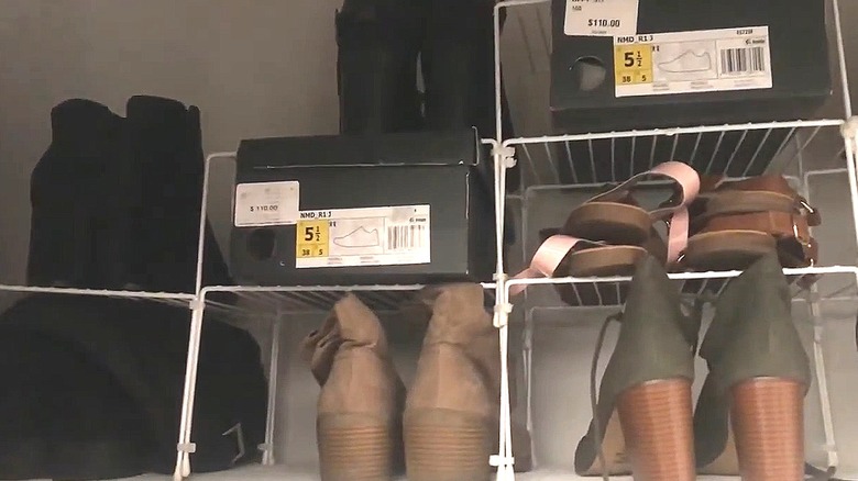 Shoe racks on the top shelf of a closet made from Dollar Tree wire shelf risers