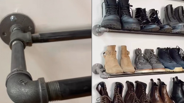 Close-up of the pipe connections on one end on the left and the pipe shoe racks filled with footwear on the right