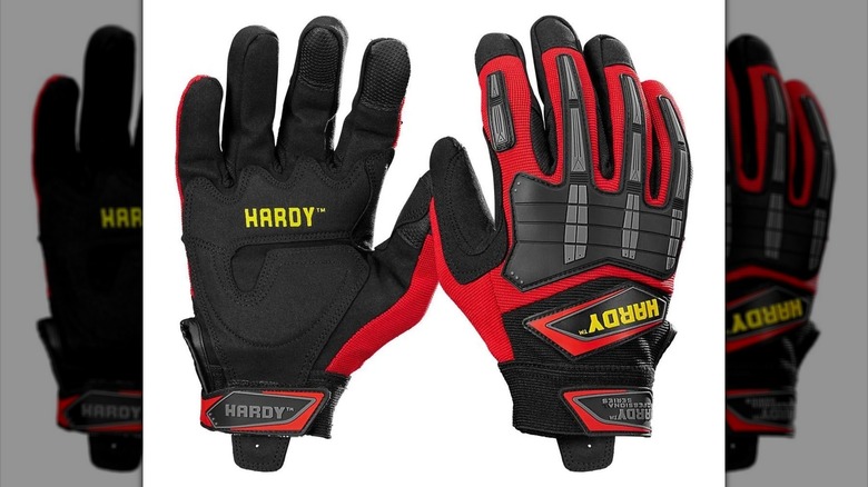 Pair of black and red Hardy work gloves