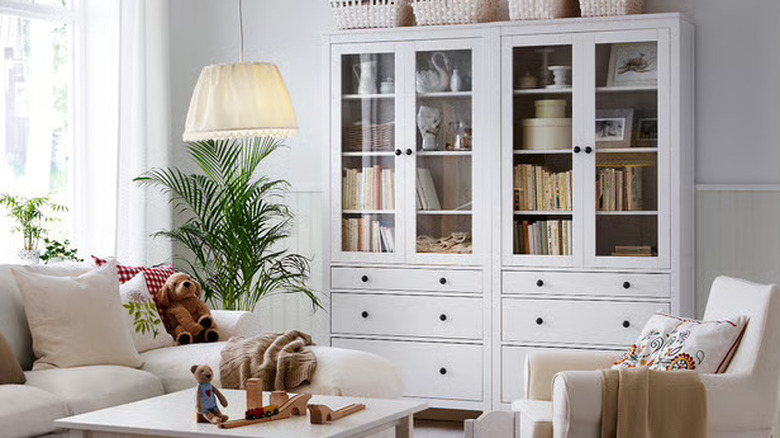 Two Hemnes cabinet against a white wall in a living room area