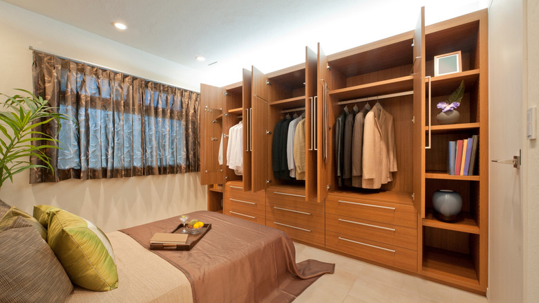 Built-in wood cabinetry featuring both closet doors and open shelving