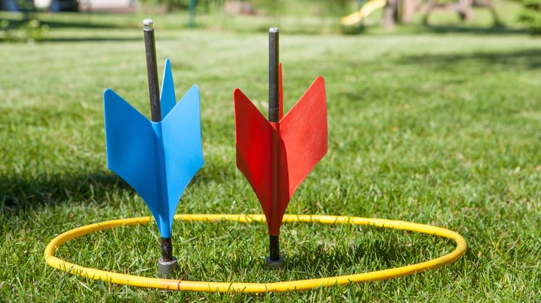 Lawn darts in a backyard