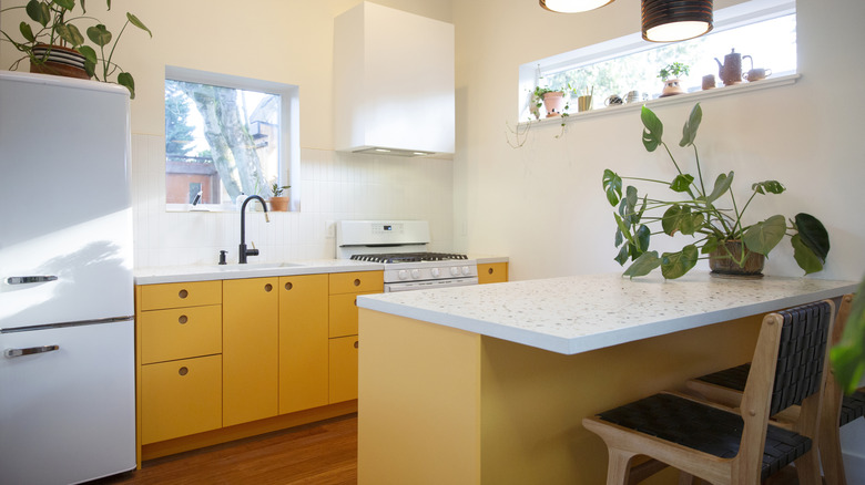 Two different yellow cabinets in small modern kitchen