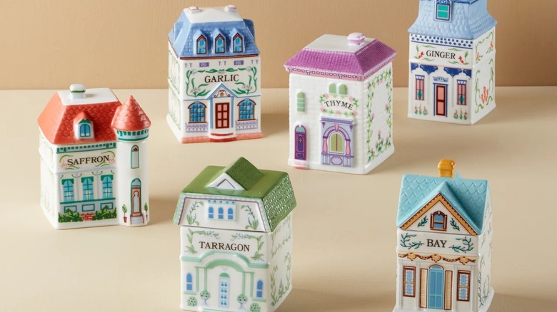 A Lenox spice village collection on kitchen counter.