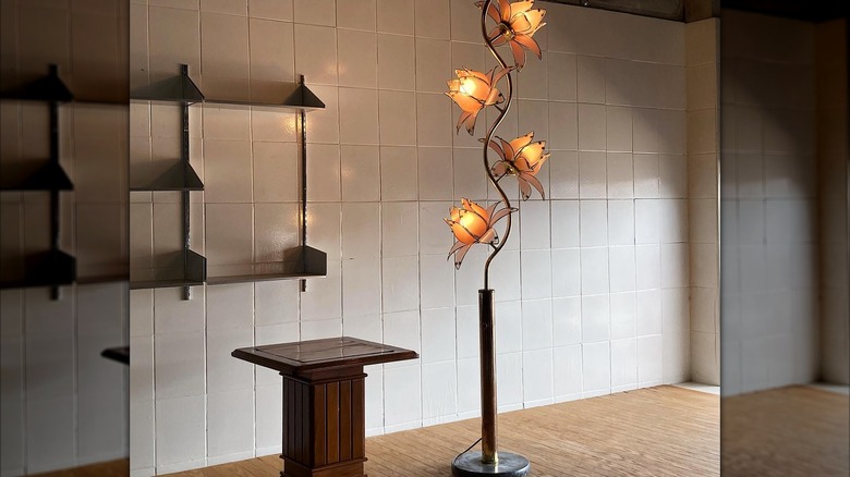 A lotus flower lamp turned on.