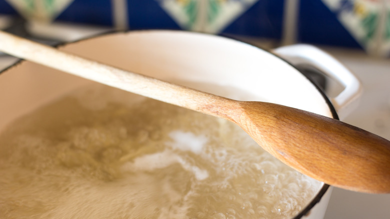 A wooden spoon resting on a bubbling pot