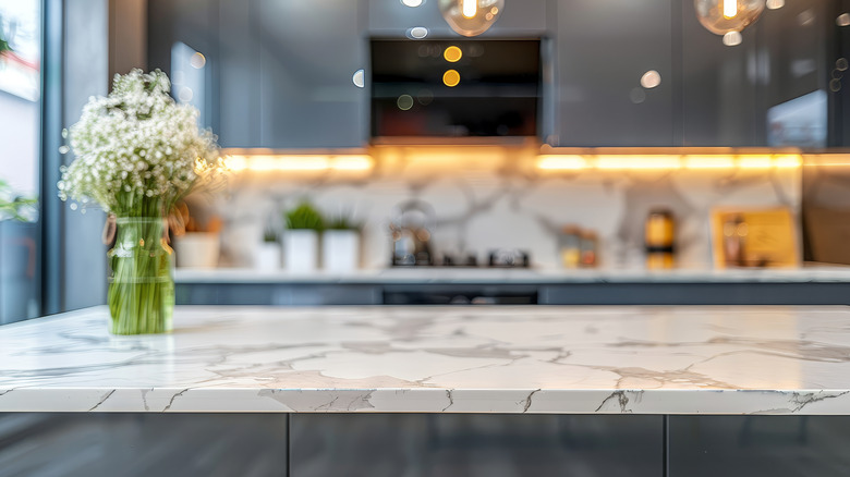 White marble countertop in a kitchen