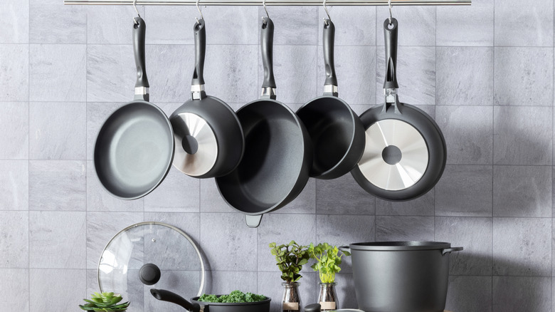 Non-stick pans and pots in a kitchen