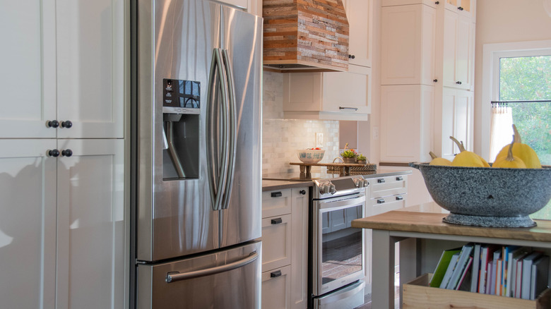 Shiny stainless steel fridge in a modern kitchen