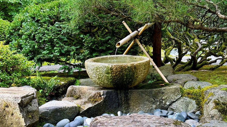 A traditional Japanese fountain with a stone bowl and bamboo rods
