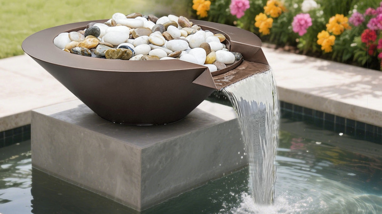 A water fountain in a bowl shape spilling water into a pool