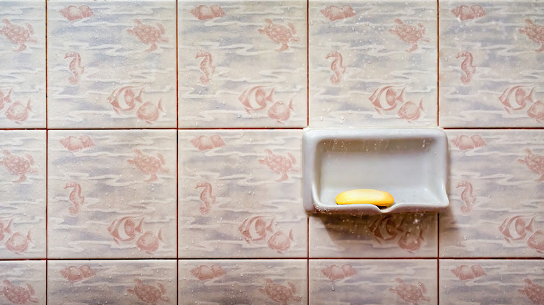Leftover bar of soap on a white tray