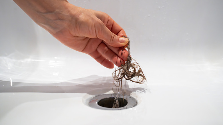 Hand pulling out hair from bathroom drain