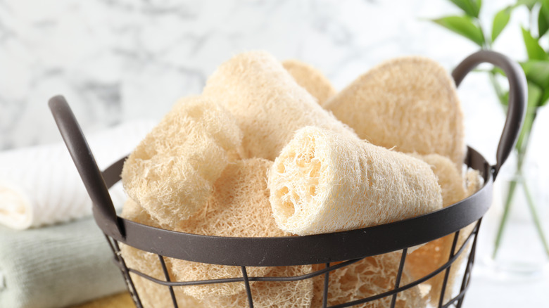 Loofah sponges in a black basket