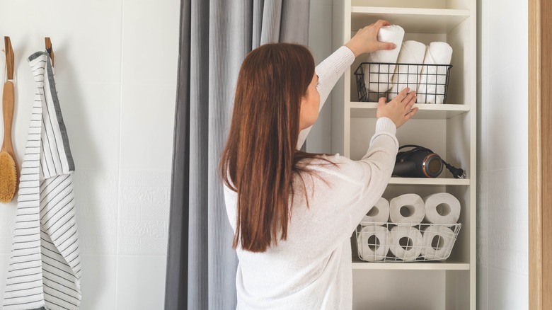 woman in organized bathroom