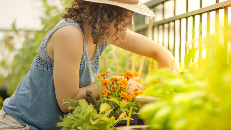 A woman in a tank top planting flowers outdoors