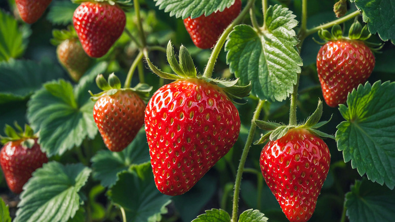 Ripe, red strawberries growing on the vine.