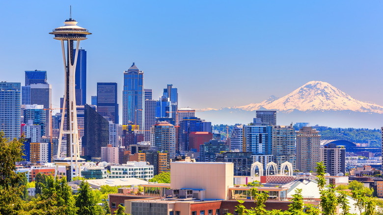 Seattle downtown skyline and Mt. Rainier, Washington.