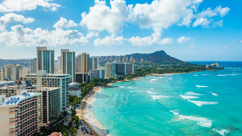 Aerial view of Waikiki Beach and Diamond Head Crater