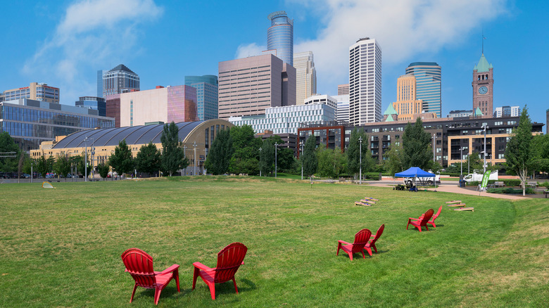 Minneapolis skyline in background with The Commons park in foreground