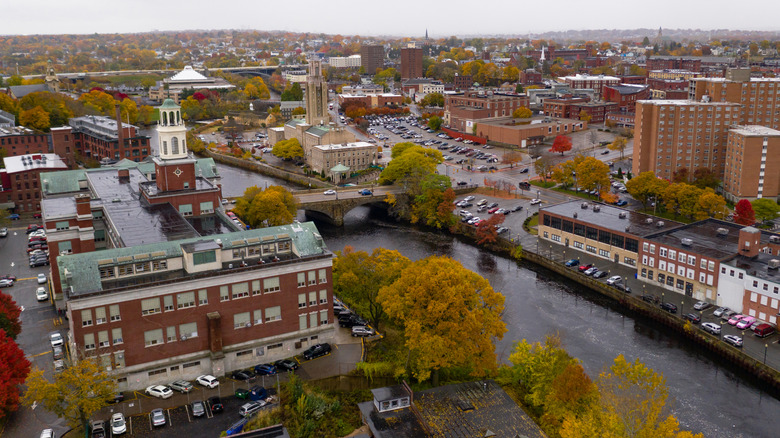Aerial view of Pawtucket, Rhode Island in fall overlooking the Blackstone River
