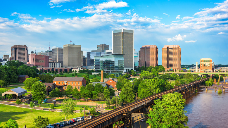 Richmond, Virginia, USA downtown skyline on the James River.