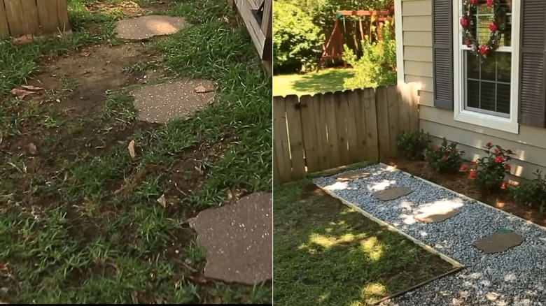 A before and after of a dead grassy patch covered with gravel.