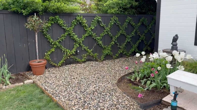 A gravel path winds between a home and a fence with decorative trellised plants.