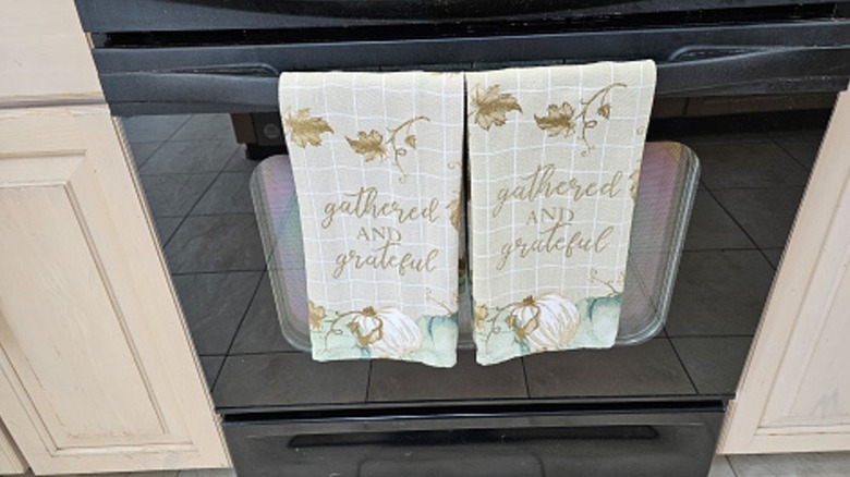 Kitchen towels hanging on oven