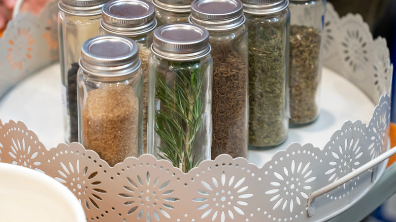 A collection of spices on a tray