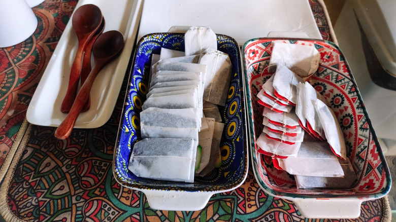 Tea bags in vintage trays