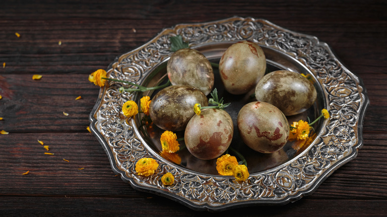 Olives on a vintage glass tray