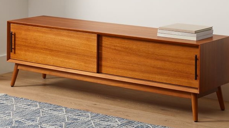 West Elm Midcentury storage bench in an entryway