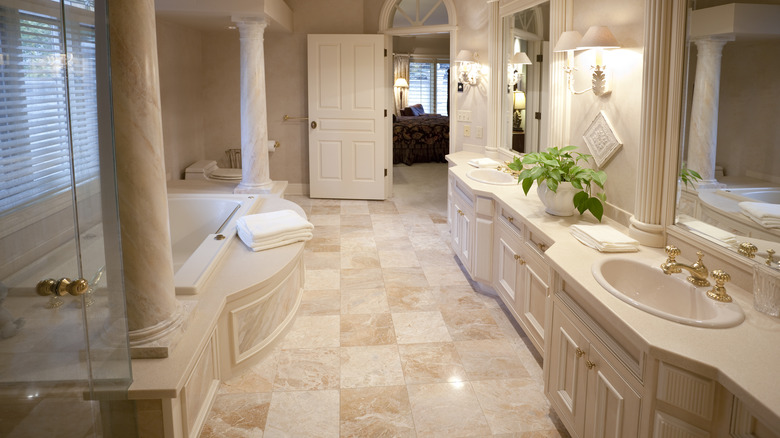 cream checkerboard floor in bathroom