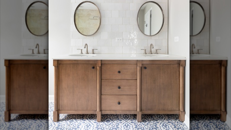 blue patterned tiles in bathroom