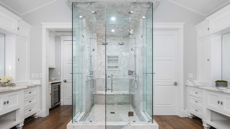 Clear glass shower in the middle of a bathroom