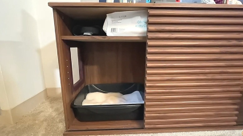 A TV stand with a litter box hidden behind a sliding door on one side
