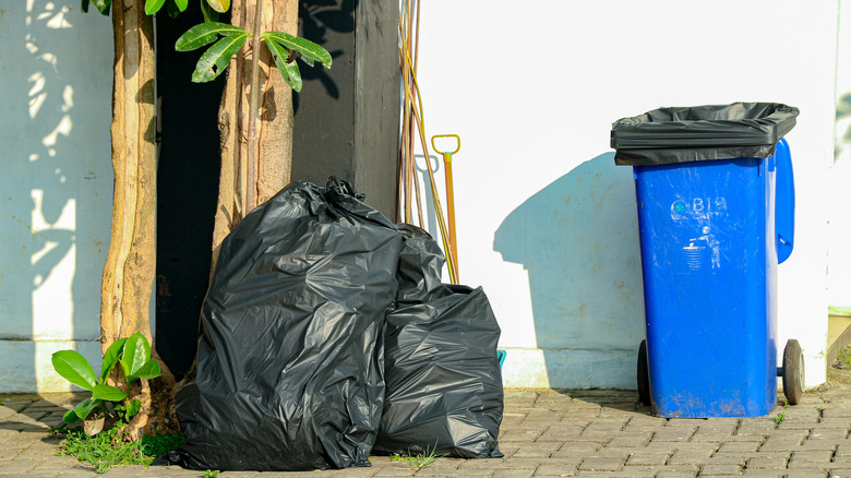 Trash bags and a trash can sitting in the open outside of a house