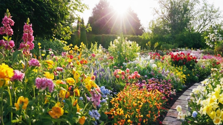 Sun shining over garden with dozens of colorful flowers and a stone path