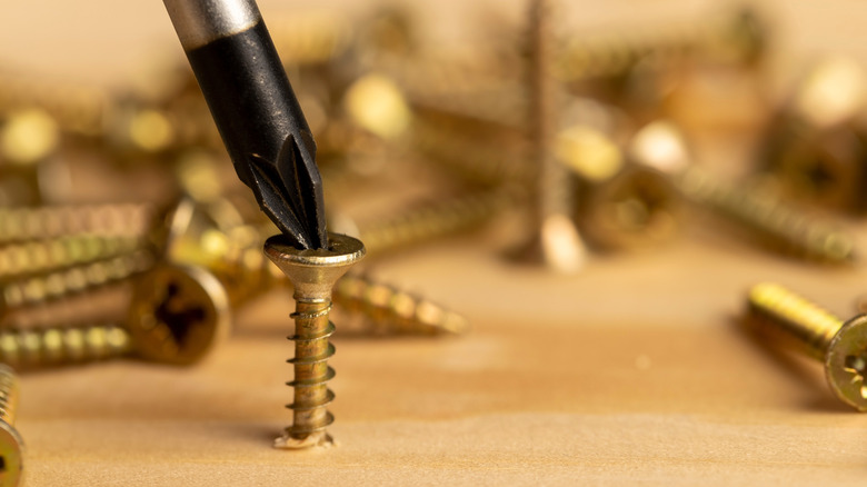 A close up of a Phillips screwdriver screwing in a flat top screw.