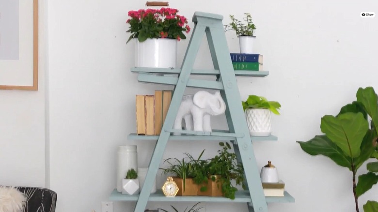 Painted wood ladder with wood shelves added and decor displayed on the shelves