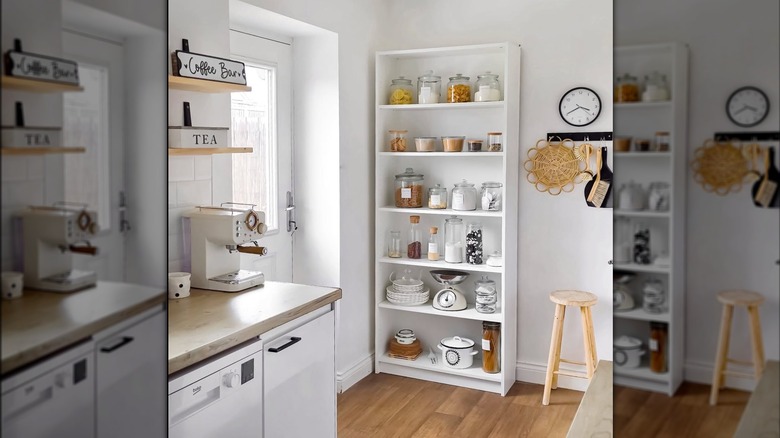 white billy bookcase in kitchen holding cooking appliances, plates, and essentials