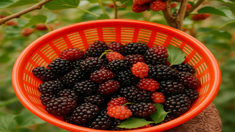 A red basket filled with dark mulberries in front of mulberry bush