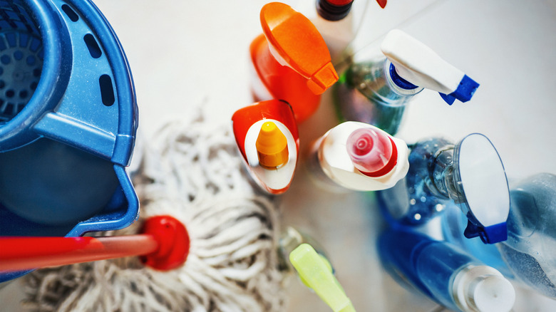 A top shot of nine different bottles containing cleaning solutions besides a mop and mop bucket