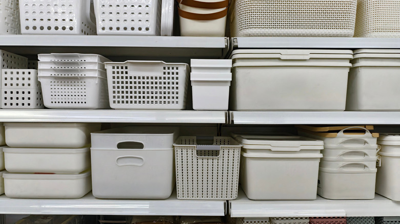A store full of storage bins in a gray-cream color in all shapes, sizes, and designs