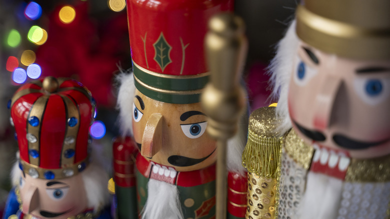 Close-up of three traditional nutcrackers