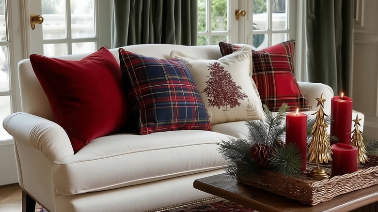 White softa decorated with rich burgundy, and Christmas-themed pillows