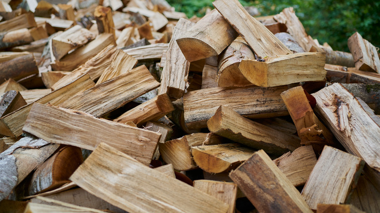 Large scattered stack of cut wood for fire in a yard